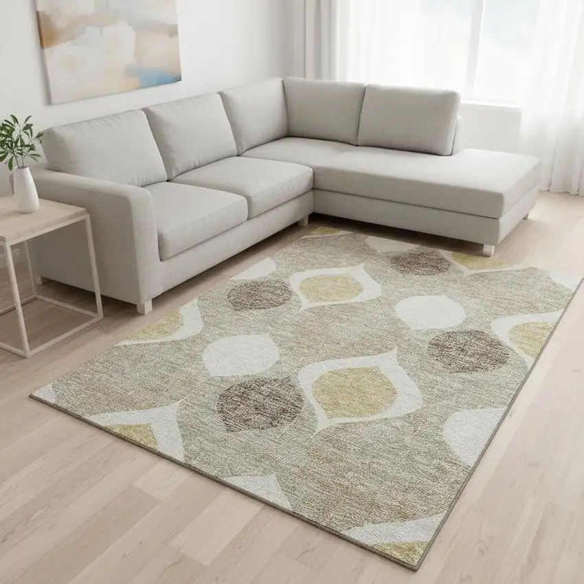 Beige Ivory And Gold Ogee Washable Area Rug With UV Protection Photo 2