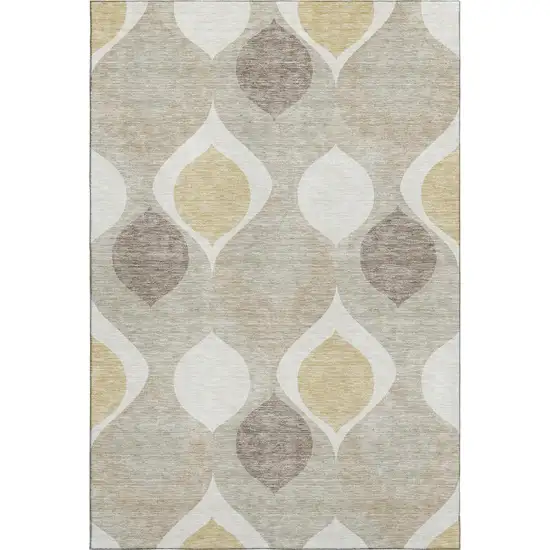 Beige Ivory And Gold Ogee Washable Area Rug With UV Protection Photo 1