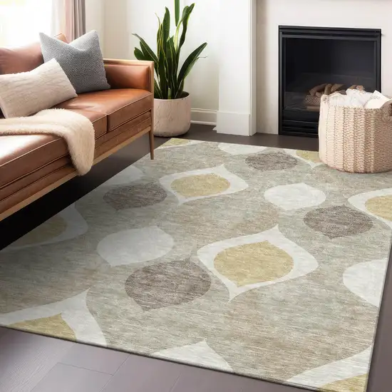 Beige Ivory And Gold Ogee Washable Area Rug With UV Protection Photo 6