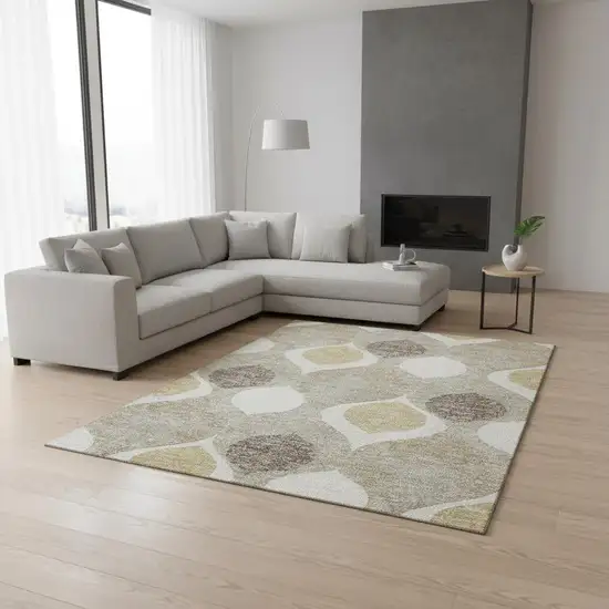 Beige Ivory And Gold Ogee Washable Area Rug With UV Protection Photo 2