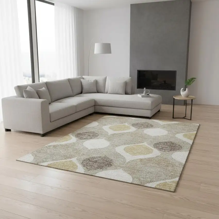 Beige Ivory And Gold Ogee Washable Area Rug With UV Protection Photo 2