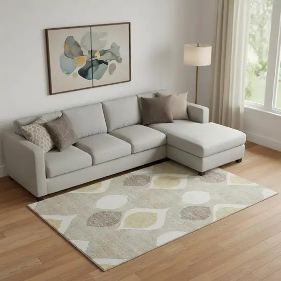 Beige Ivory And Gold Ogee Washable Area Rug With UV Protection Photo 1