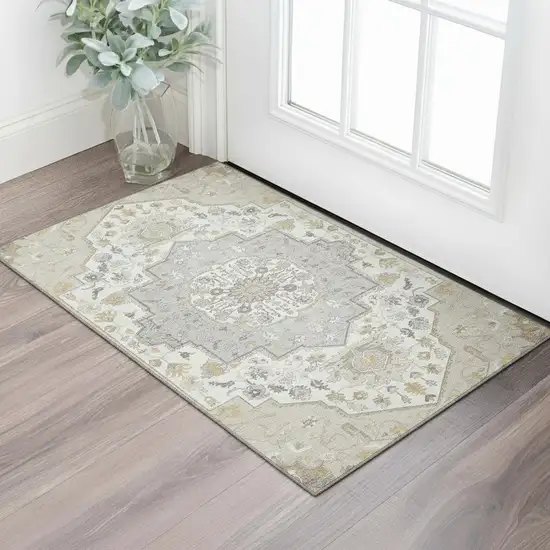 Beige Ivory And Gold Oriental Washable Area Rug With UV Protection Photo 2