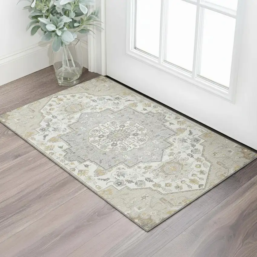 Beige Ivory And Gold Oriental Washable Area Rug With UV Protection Photo 2