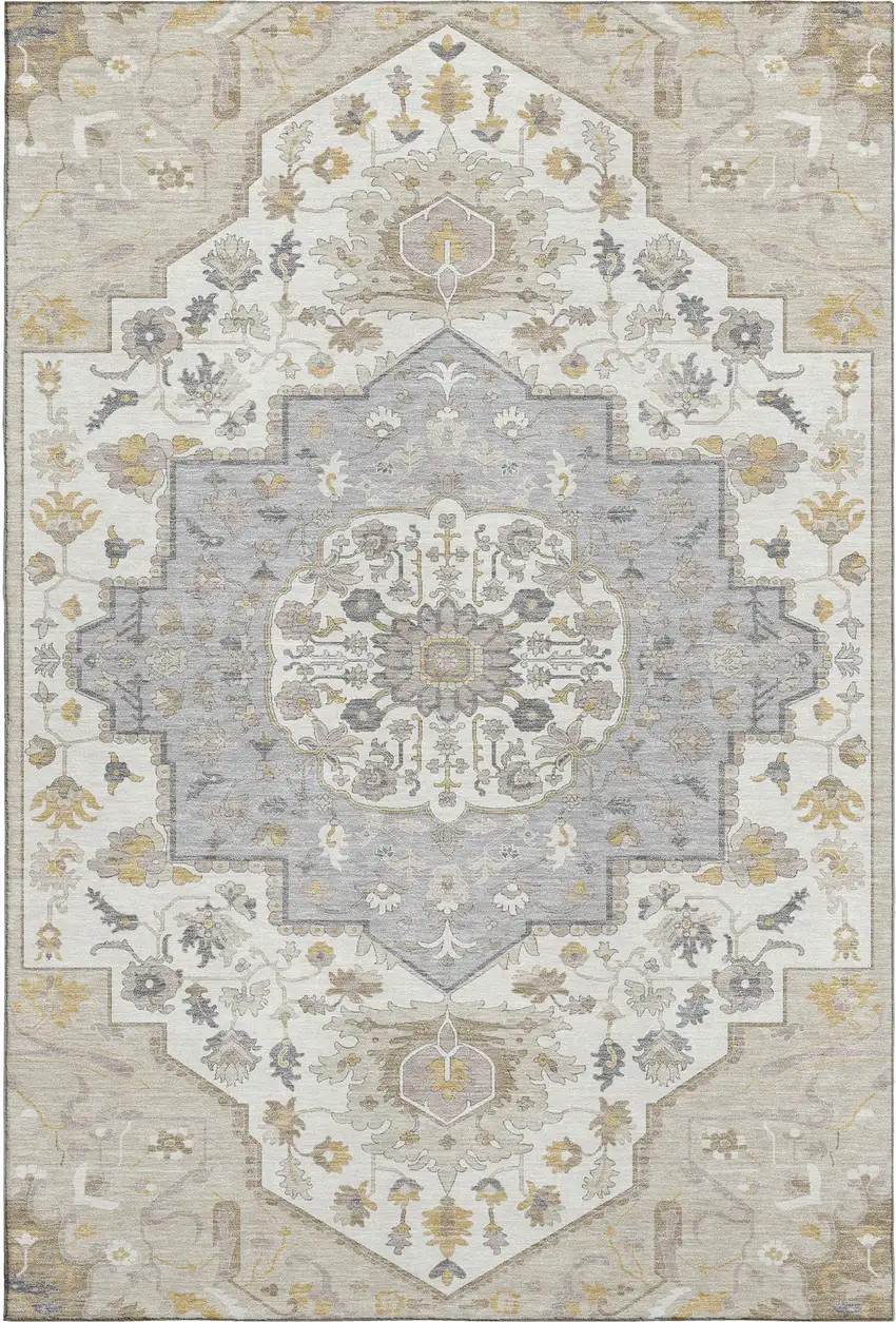 Beige Ivory And Gold Oriental Washable Area Rug With UV Protection Photo 1