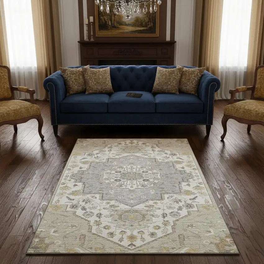 Beige Ivory And Gold Oriental Washable Area Rug With UV Protection Photo 2