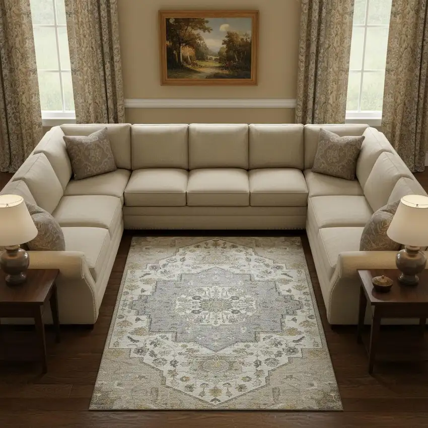 Beige Ivory And Gold Oriental Washable Area Rug With UV Protection Photo 2