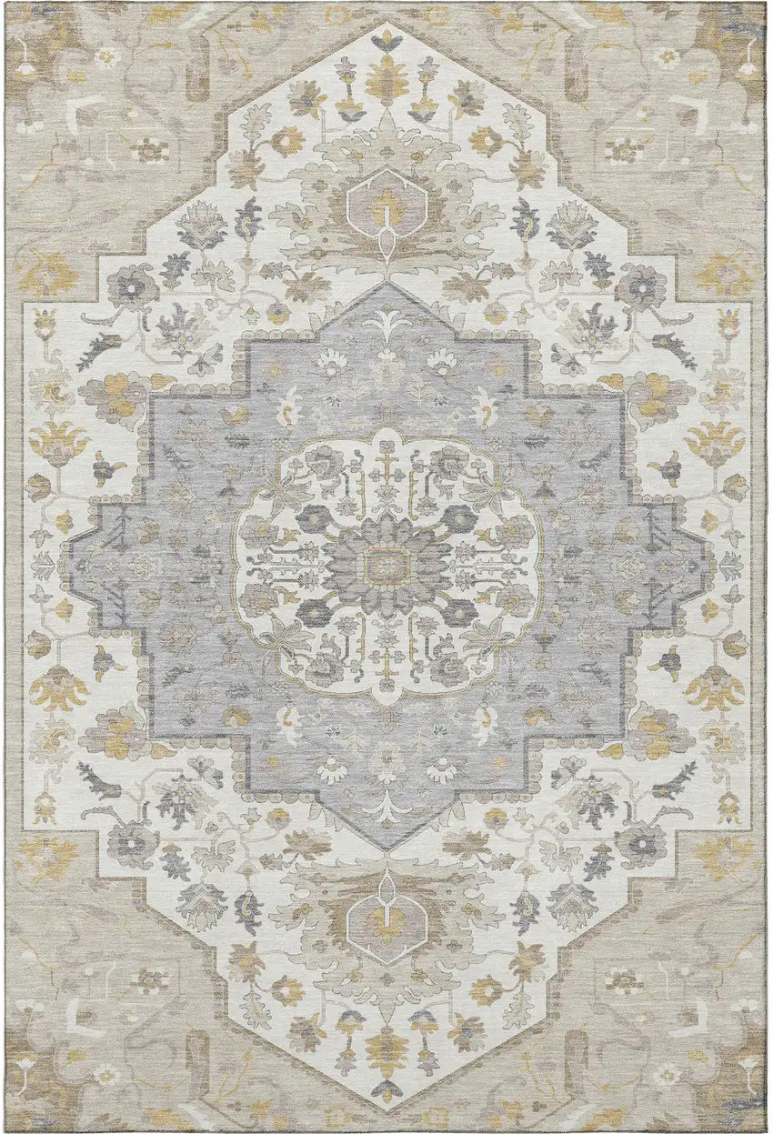Beige Ivory And Gold Oriental Washable Area Rug With UV Protection Photo 3