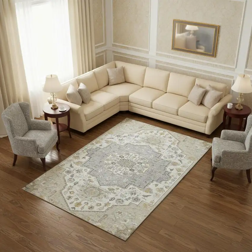 Beige Ivory And Gold Oriental Washable Area Rug With UV Protection Photo 2