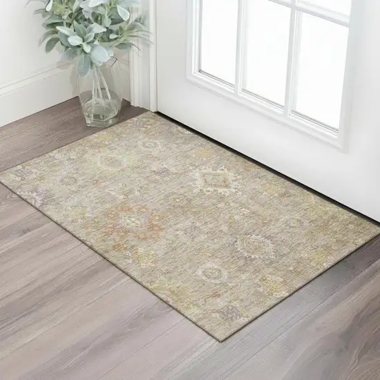 Beige Ivory And Gold Oriental Washable Area Rug With UV Protection Photo 2