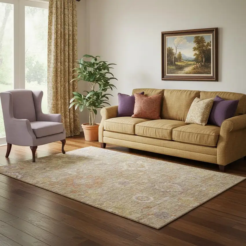 Beige Ivory And Gold Oriental Washable Area Rug With UV Protection Photo 2