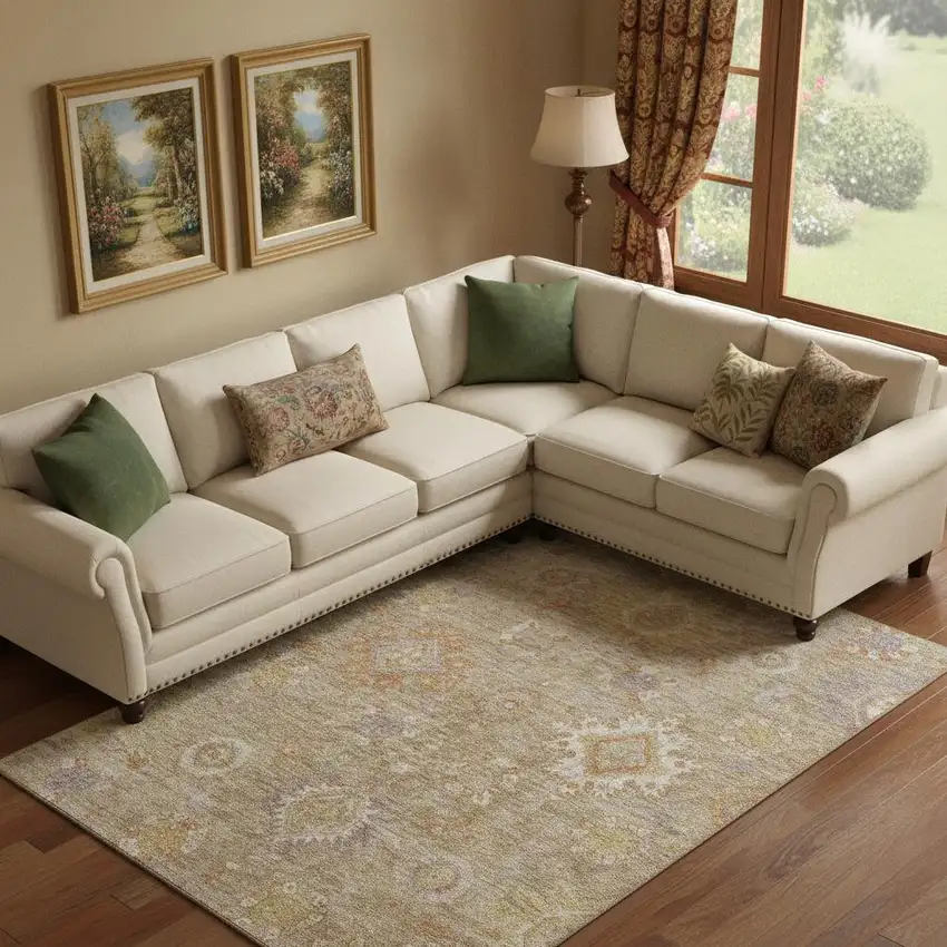 Beige Ivory And Gold Oriental Washable Area Rug With UV Protection Photo 2