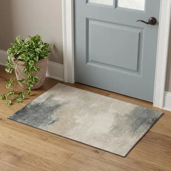 Beige Ivory And Gray Abstract Washable Area Rug With UV Protection Photo 1