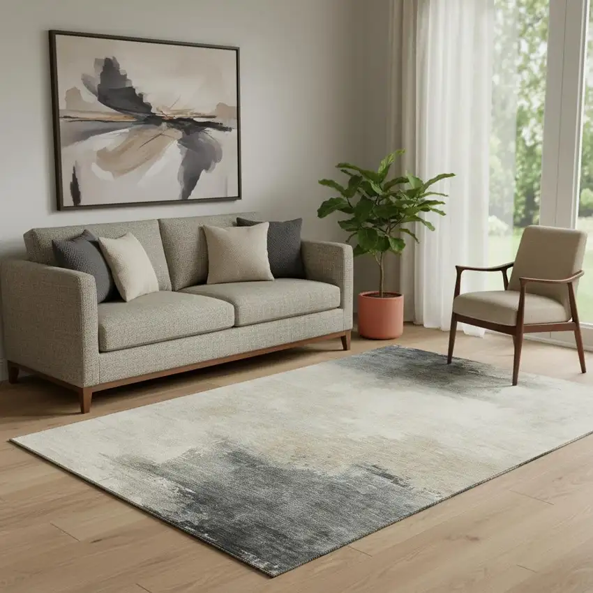 Beige Ivory And Gray Abstract Washable Area Rug With UV Protection Photo 2