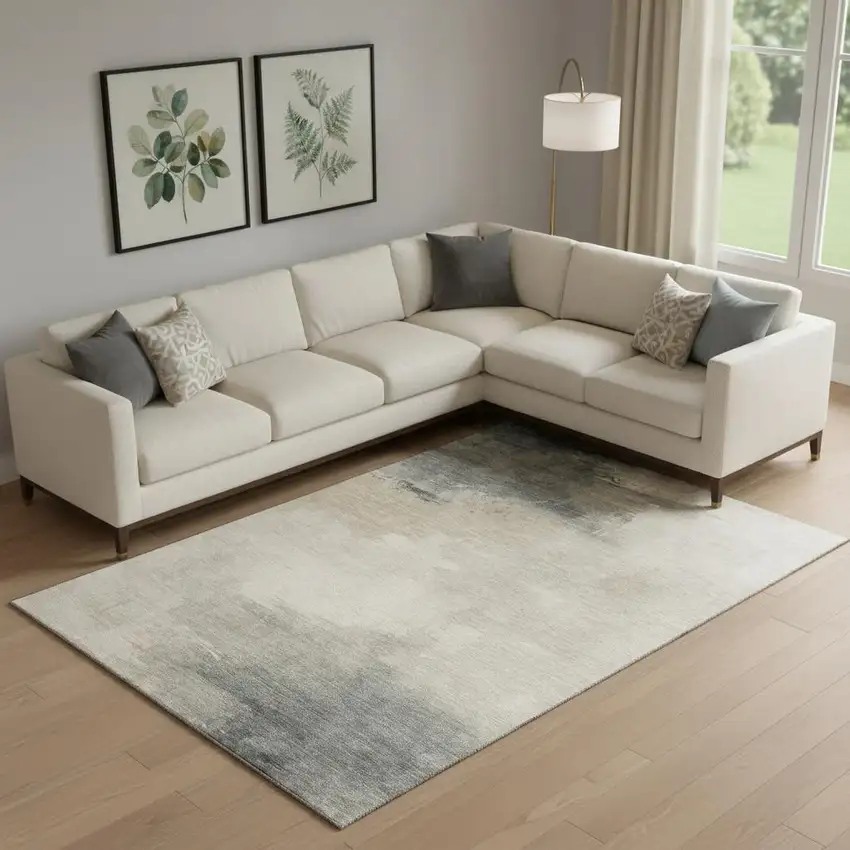 Beige Ivory And Gray Abstract Washable Area Rug With UV Protection Photo 2