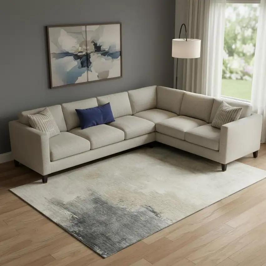 Beige Ivory And Gray Abstract Washable Area Rug With UV Protection Photo 2