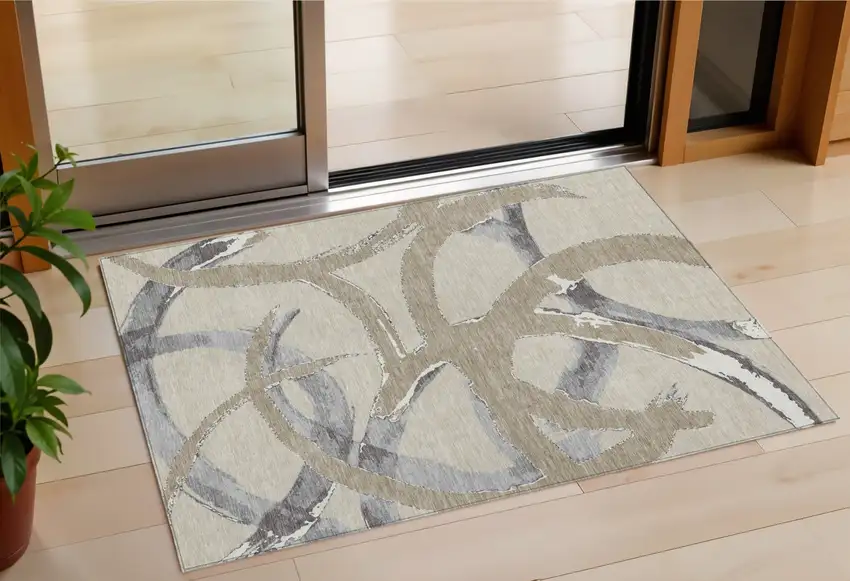 Beige Ivory And Gray Abstract Washable Indoor Outdoor Area Rug Photo 1