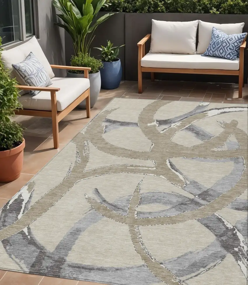 Beige Ivory And Gray Abstract Washable Indoor Outdoor Area Rug Photo 1