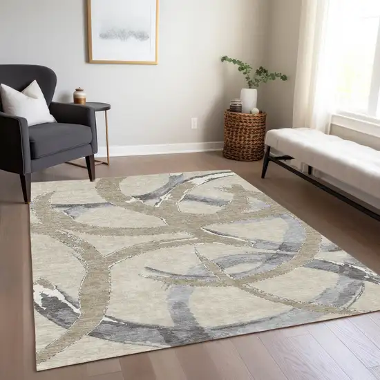 Beige Ivory And Gray Abstract Washable Indoor Outdoor Area Rug Photo 9