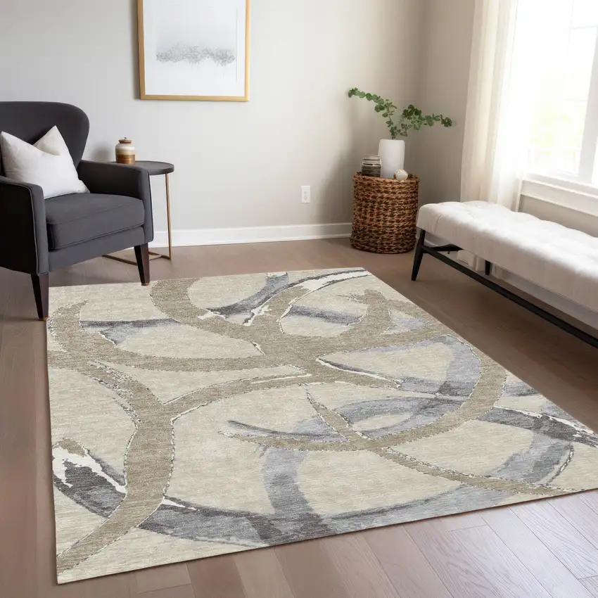 Beige Ivory And Gray Abstract Washable Indoor Outdoor Area Rug Photo 9