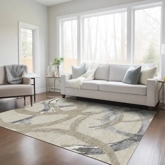 Beige Ivory And Gray Abstract Washable Indoor Outdoor Area Rug Photo 9