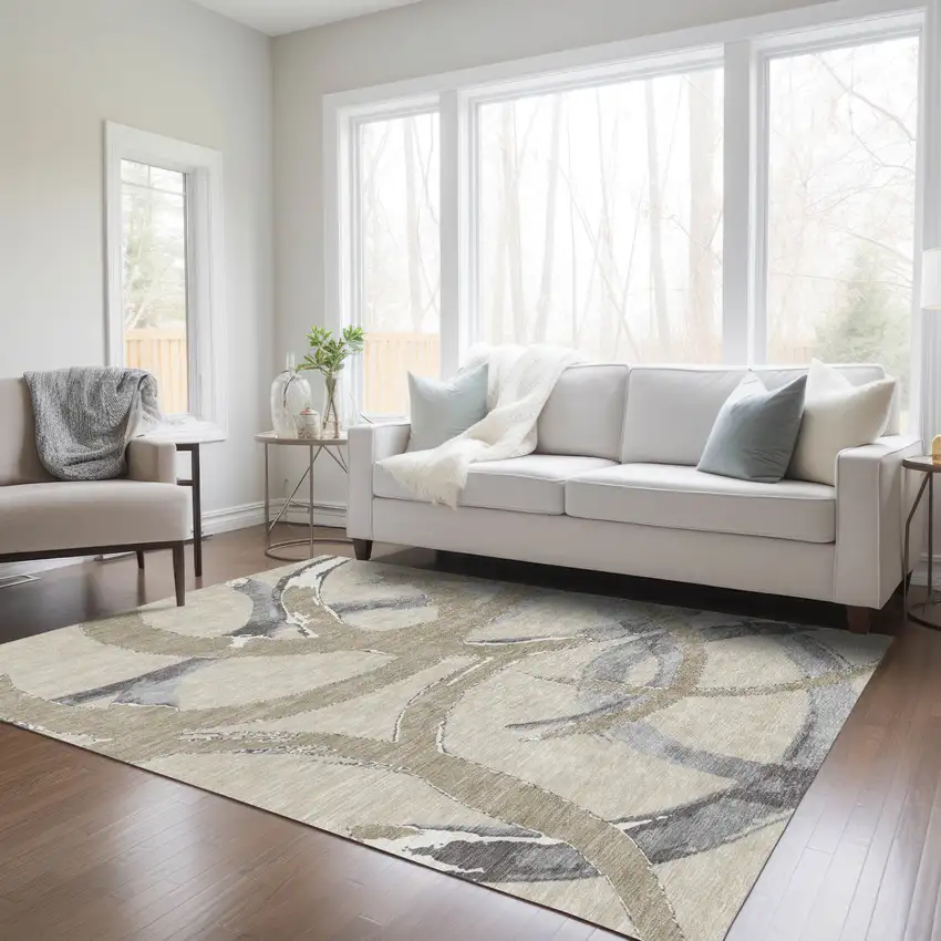 Beige Ivory And Gray Abstract Washable Indoor Outdoor Area Rug Photo 9