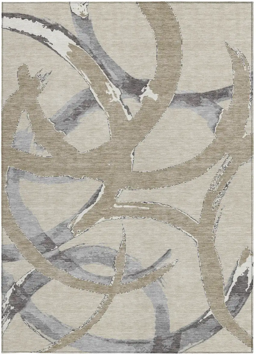 Beige Ivory And Gray Abstract Washable Indoor Outdoor Area Rug Photo 6
