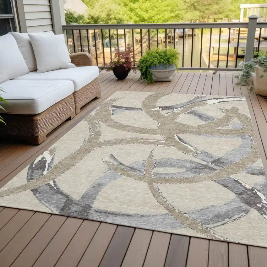 Beige Ivory And Gray Abstract Washable Indoor Outdoor Area Rug Photo 8