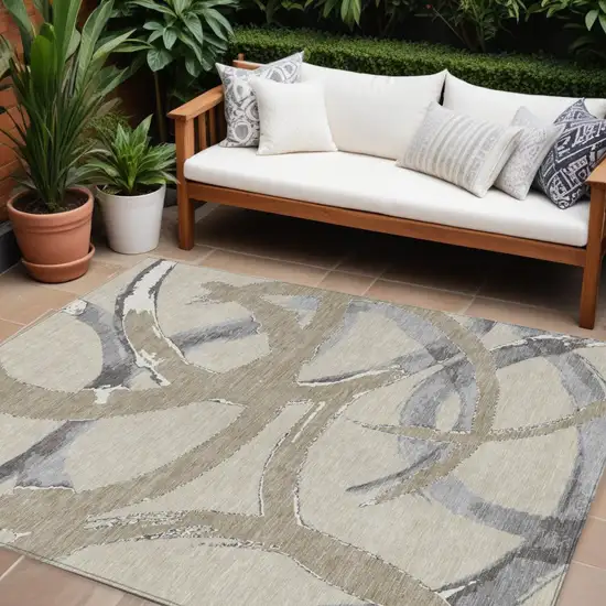 Beige Ivory And Gray Abstract Washable Indoor Outdoor Area Rug Photo 1