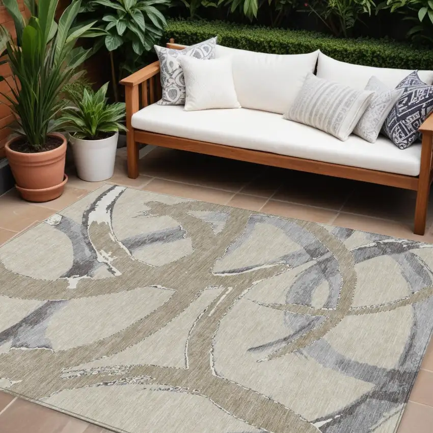 Beige Ivory And Gray Abstract Washable Indoor Outdoor Area Rug Photo 1