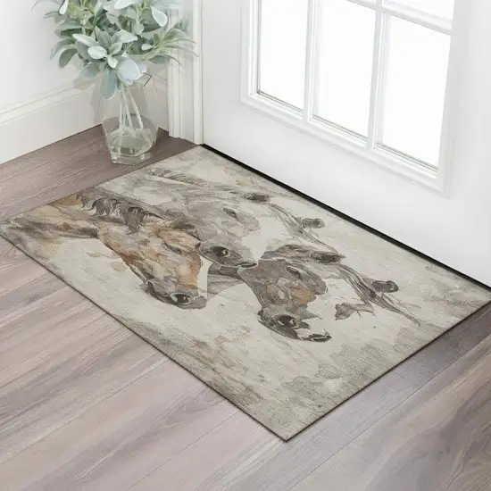 Beige Ivory And Gray Animal Print Washable Area Rug With UV Protection Photo 1