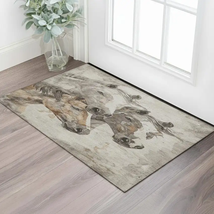 Beige Ivory And Gray Animal Print Washable Area Rug With UV Protection Photo 1