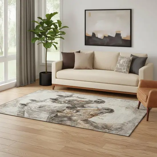 Beige Ivory And Gray Animal Print Washable Area Rug With UV Protection Photo 2