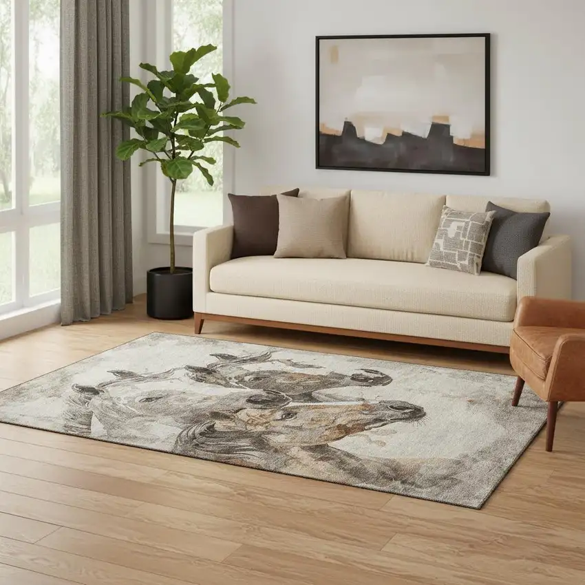 Beige Ivory And Gray Animal Print Washable Area Rug With UV Protection Photo 2