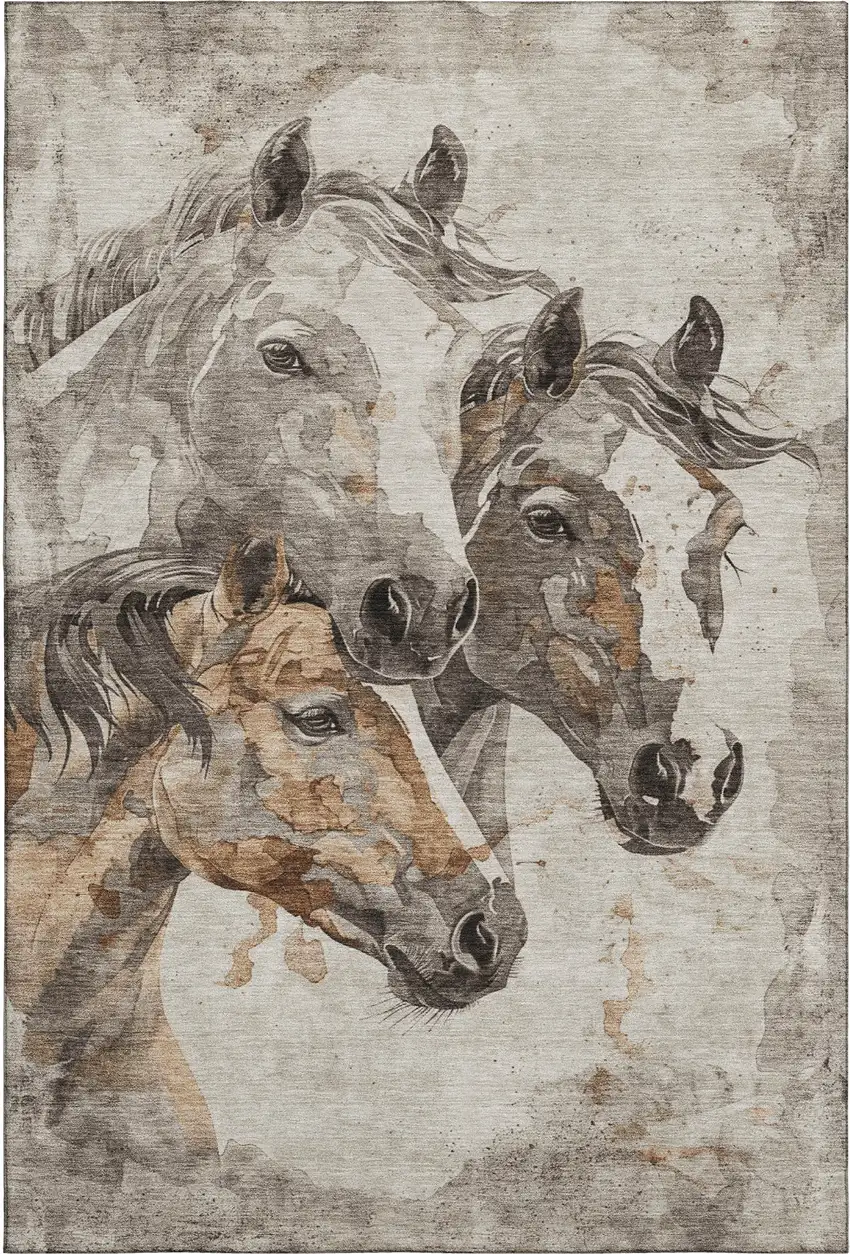 Beige Ivory And Gray Animal Print Washable Area Rug With UV Protection Photo 1