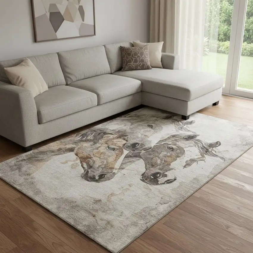 Beige Ivory And Gray Animal Print Washable Area Rug With UV Protection Photo 2