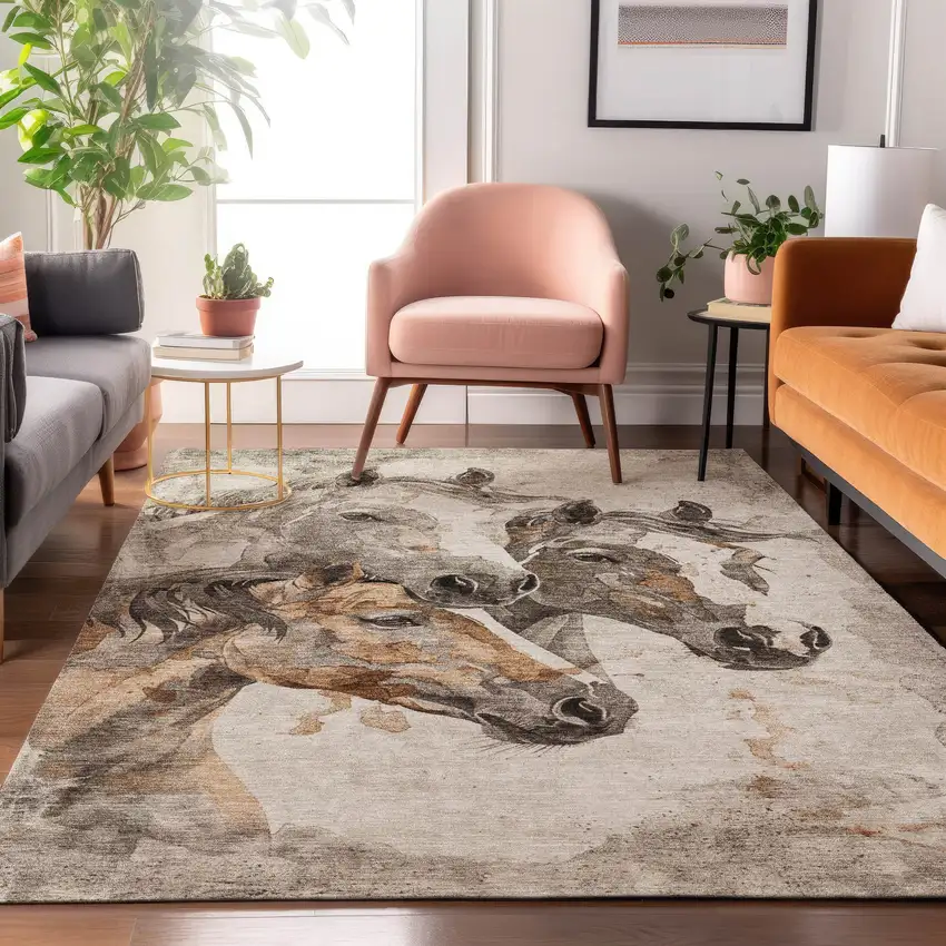 Beige Ivory And Gray Animal Print Washable Area Rug With UV Protection Photo 5