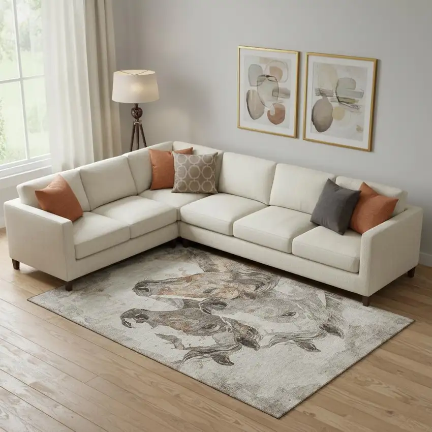 Beige Ivory And Gray Animal Print Washable Area Rug With UV Protection Photo 2