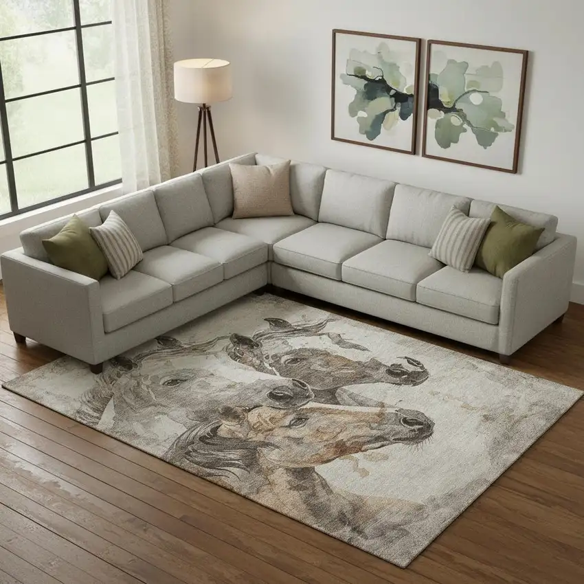 Beige Ivory And Gray Animal Print Washable Area Rug With UV Protection Photo 2