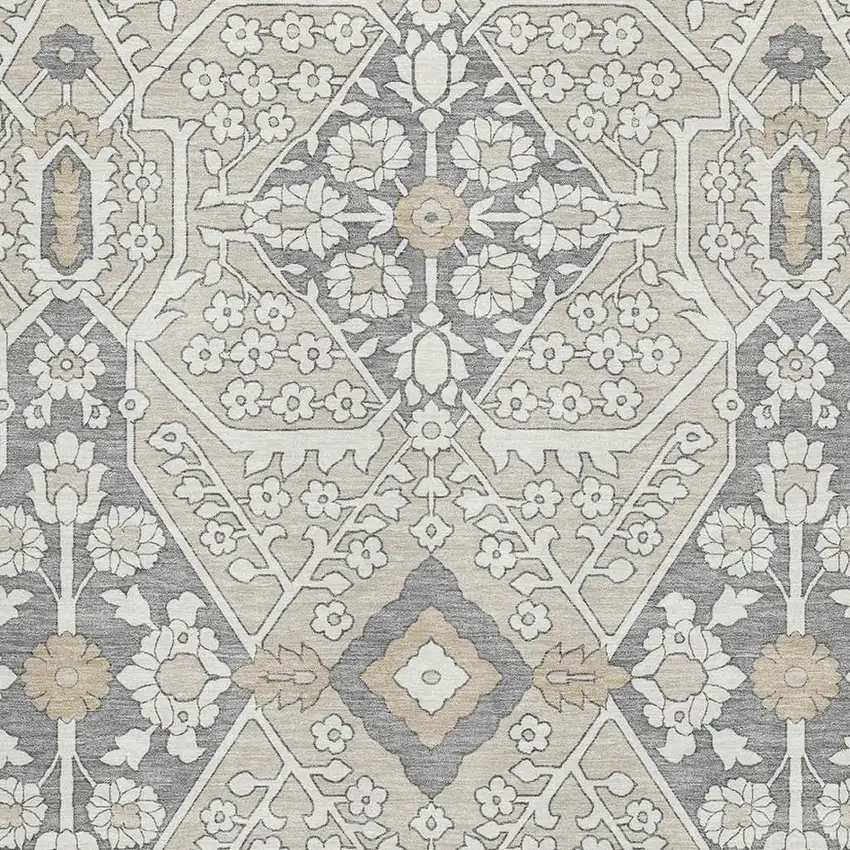 Beige Ivory And Gray Floral Washable Area Rug With UV Protection Photo 4