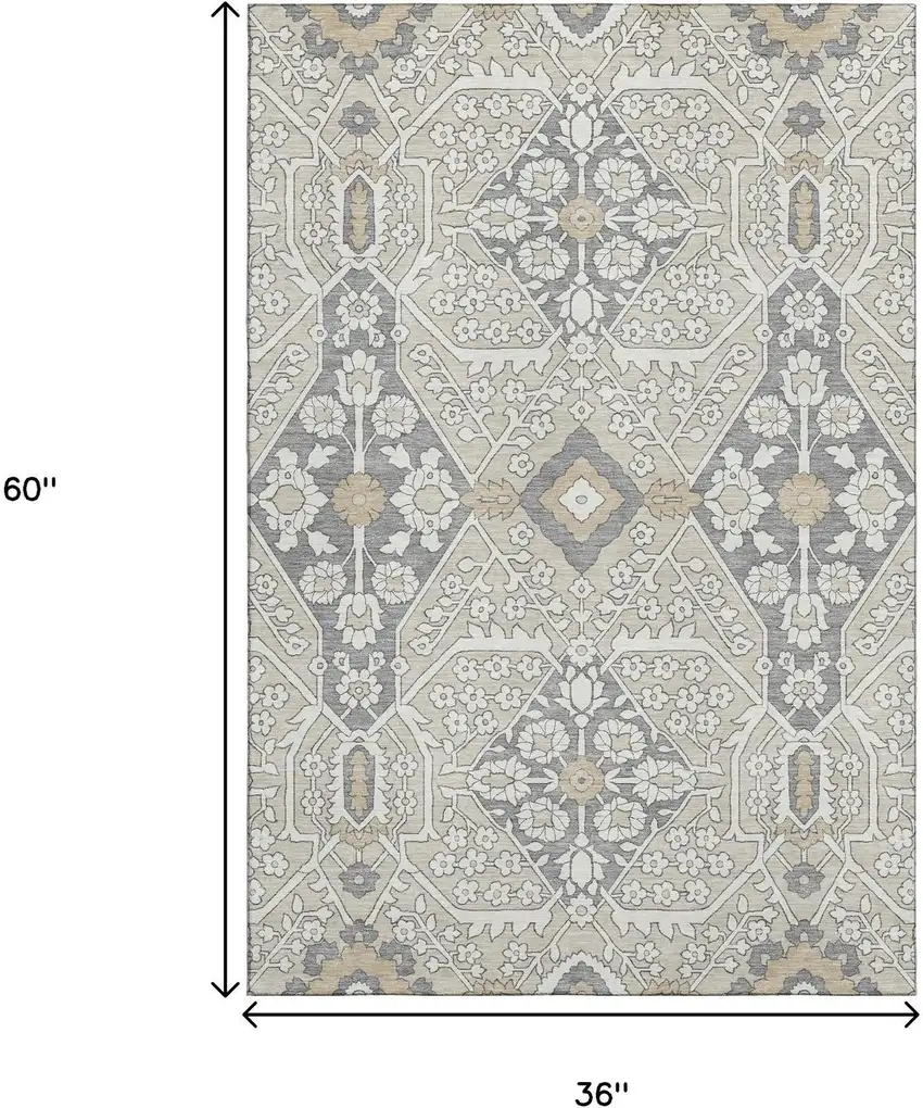 Beige Ivory And Gray Floral Washable Area Rug With UV Protection Photo 3