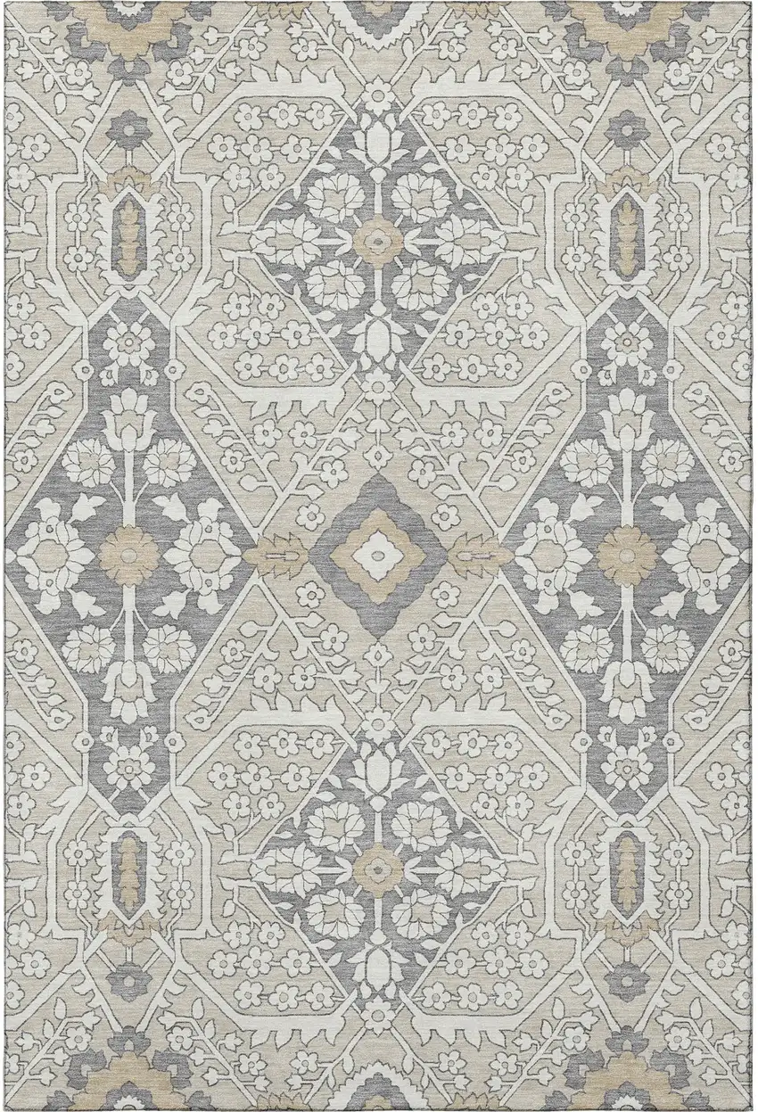 Beige Ivory And Gray Floral Washable Area Rug With UV Protection Photo 5