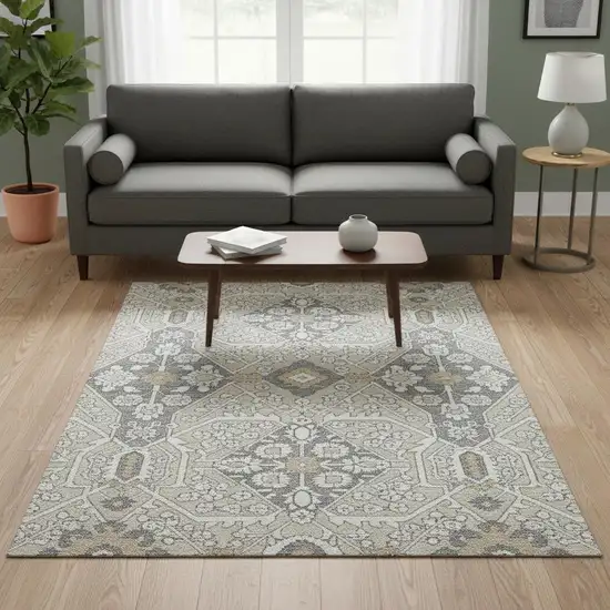 Beige Ivory And Gray Floral Washable Area Rug With UV Protection Photo 1