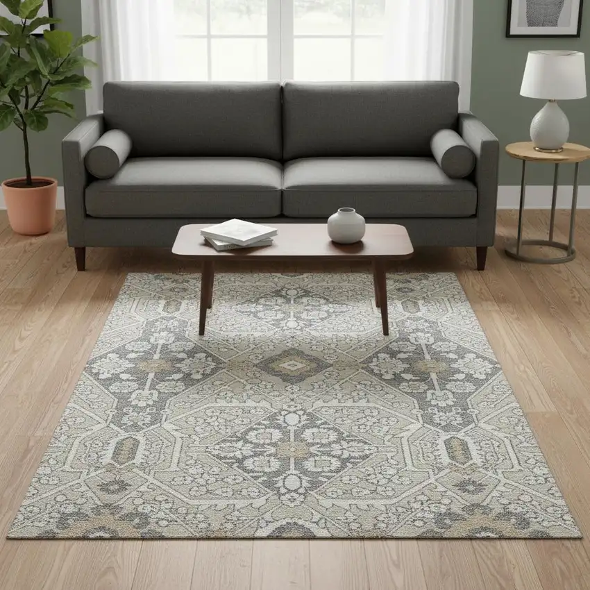 Beige Ivory And Gray Floral Washable Area Rug With UV Protection Photo 1