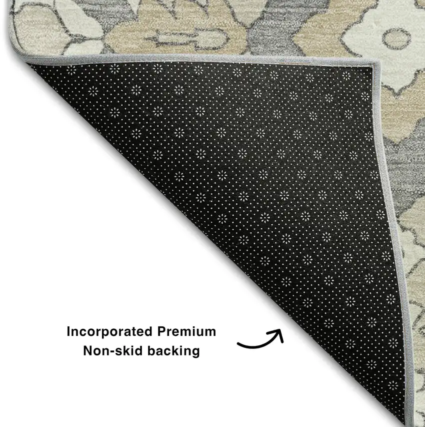 Beige Ivory And Gray Floral Washable Area Rug With UV Protection Photo 7