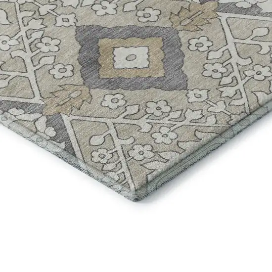 Beige Ivory And Gray Floral Washable Area Rug With UV Protection Photo 8