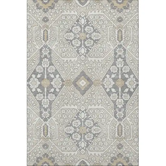 Beige Ivory And Gray Floral Washable Area Rug With UV Protection Photo 4
