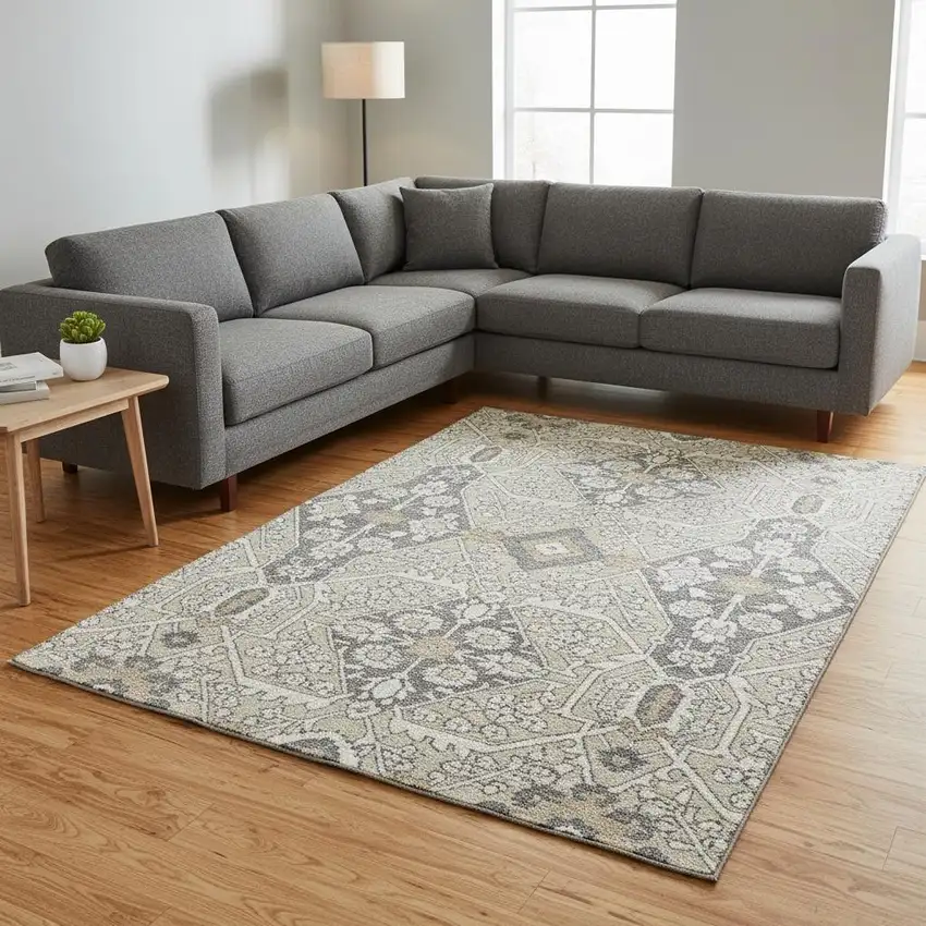 Beige Ivory And Gray Floral Washable Area Rug With UV Protection Photo 1