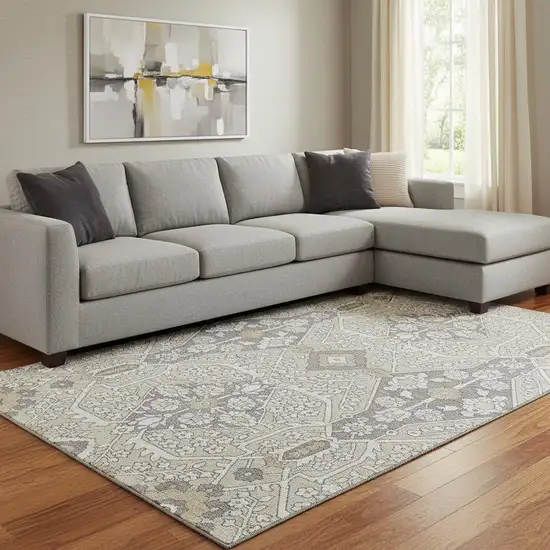 Beige Ivory And Gray Floral Washable Area Rug With UV Protection Photo 1