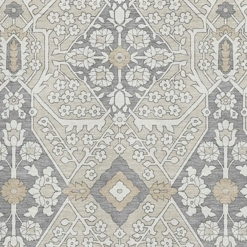 Beige Ivory And Gray Floral Washable Area Rug With UV Protection Photo 4